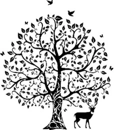 Graphic of a deer under a hardwood tree with birds overhead.